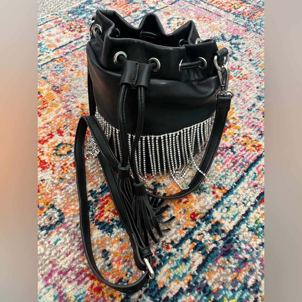Lulus Black and Silver Fringe Bucket Bag